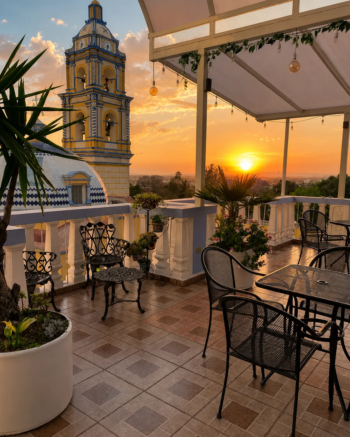 Área de restaurante en la terraza panorámica del Hotel La Parroquia